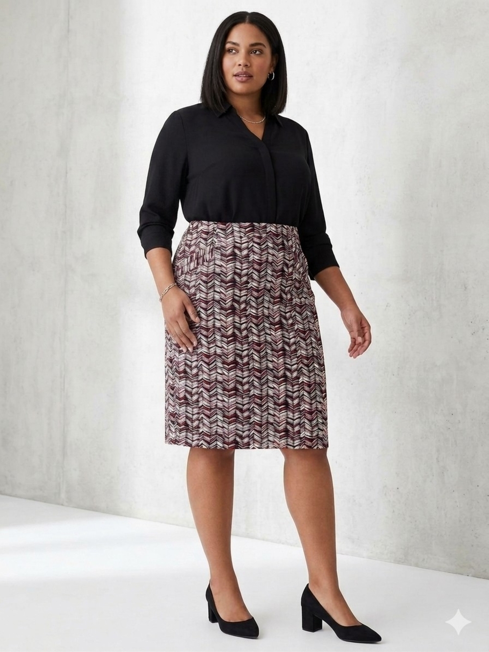 Ashley Stewart Black and Mauve Chevron Midi Skirt Size 16